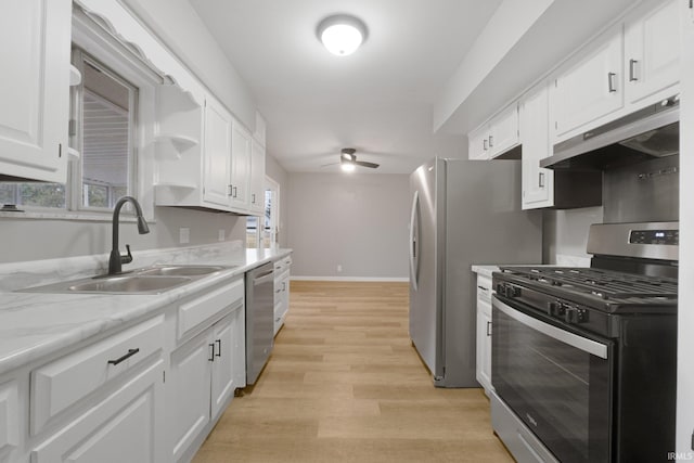 kitchen with appliances with stainless steel finishes, white cabinetry, sink, ceiling fan, and light wood-type flooring