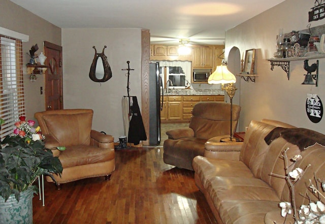 living room with sink and dark hardwood / wood-style floors