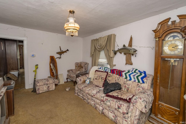 living room with carpet floors, a textured ceiling, and a notable chandelier