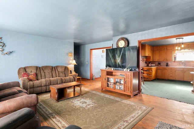 living room featuring sink and light hardwood / wood-style floors