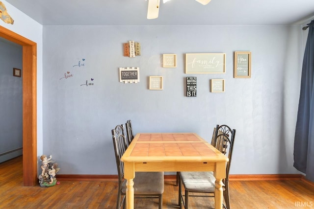 dining room featuring dark wood-type flooring and ceiling fan