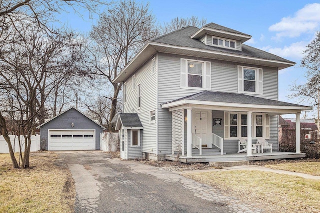 view of front of property featuring a garage, an outdoor structure, a front yard, and a porch