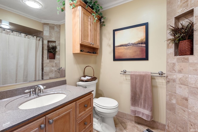 bathroom with vanity, tile patterned flooring, crown molding, and toilet