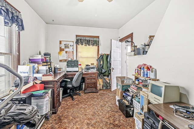 carpeted office space featuring a wealth of natural light and ceiling fan