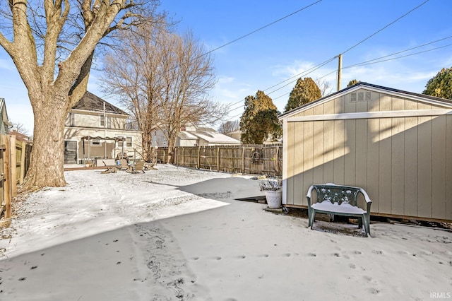 exterior space with a storage shed