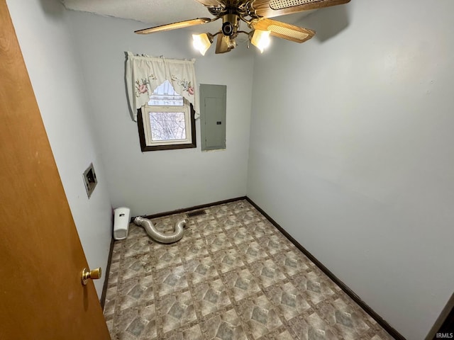 clothes washing area with electric panel and ceiling fan