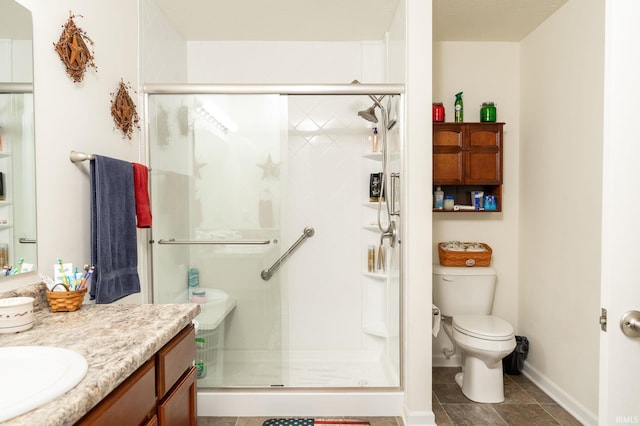 bathroom with vanity, toilet, and an enclosed shower