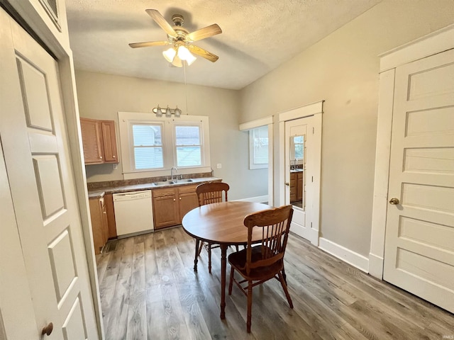 dining space with hardwood / wood-style flooring, ceiling fan, sink, and a textured ceiling