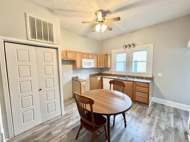 kitchen with sink, white appliances, light hardwood / wood-style flooring, and ceiling fan