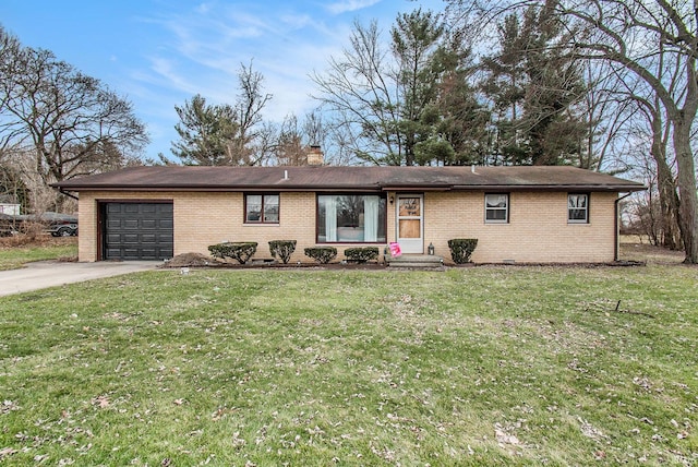 ranch-style house with a garage and a front lawn