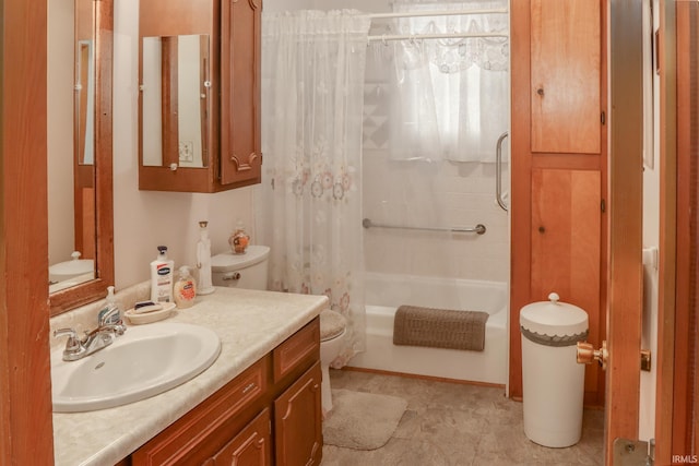 full bathroom with toilet, vanity, and shower / bathtub combination with curtain