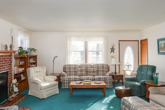 living room with crown molding, a fireplace, and carpet