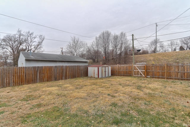 view of yard featuring a storage shed