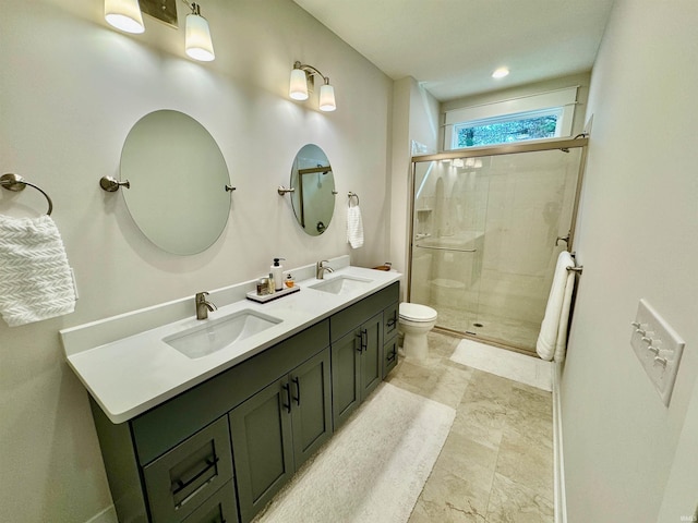 bathroom with toilet, vanity, and walk in shower