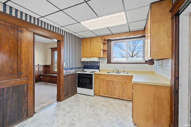 kitchen featuring electric stove, sink, and a drop ceiling