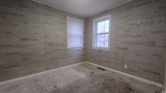 spare room featuring ornamental molding and carpet flooring