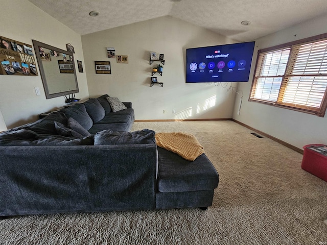 carpeted living room with vaulted ceiling and a textured ceiling