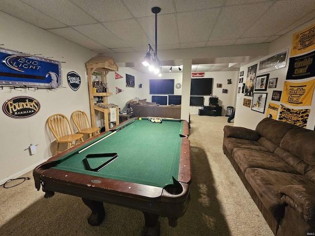 recreation room with a drop ceiling, billiards, and carpet