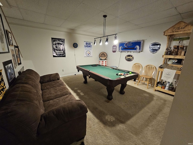 rec room with a paneled ceiling, billiards, and carpet