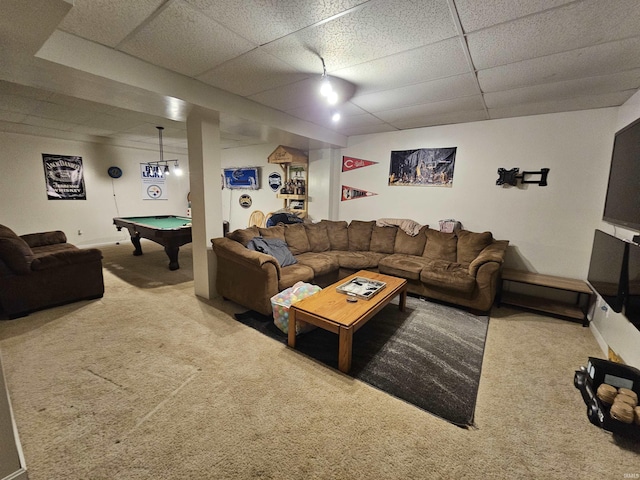 living room with a drop ceiling, billiards, and carpet flooring