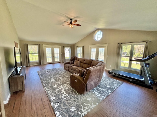 living room featuring dark hardwood / wood-style flooring, a wealth of natural light, lofted ceiling, and french doors