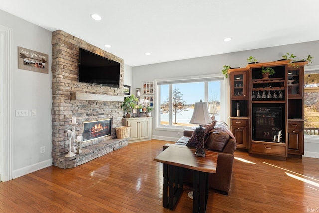 living room with a stone fireplace and hardwood / wood-style floors