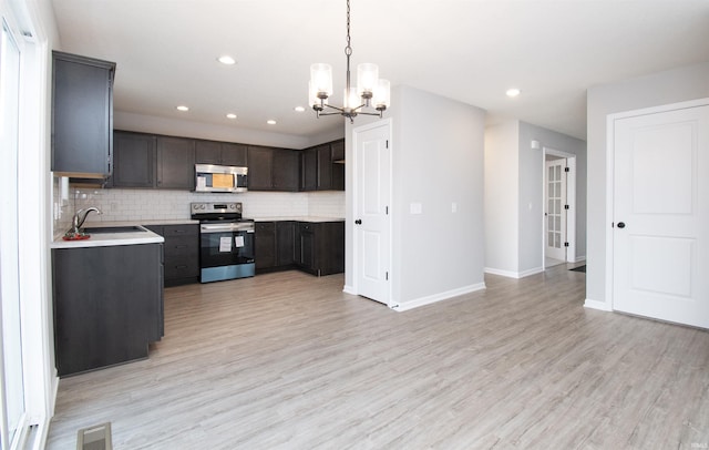 kitchen featuring sink, backsplash, light hardwood / wood-style floors, and appliances with stainless steel finishes