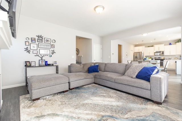 living area featuring baseboards and wood finished floors