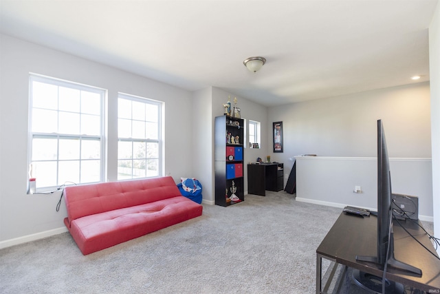 living area with light carpet and baseboards