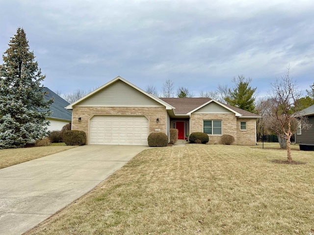 single story home with a garage and a front lawn