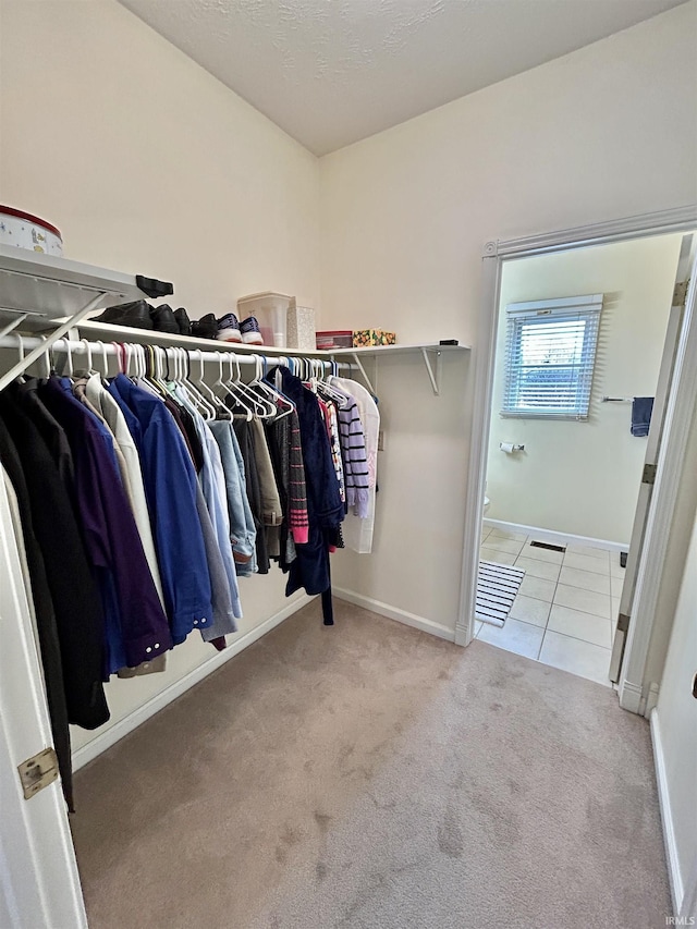 walk in closet with light carpet