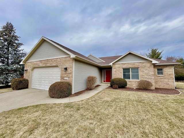 single story home featuring a garage and a front yard