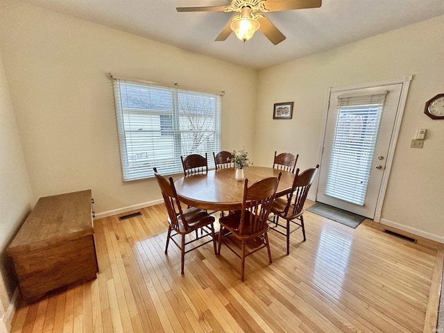 dining room featuring ceiling fan and light wood-type flooring