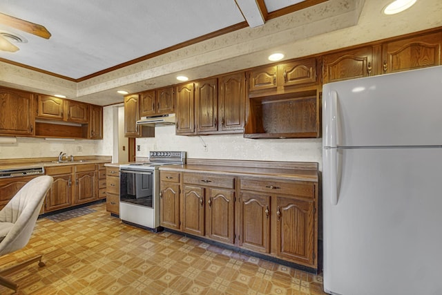 kitchen featuring ornamental molding, stainless steel range with electric cooktop, sink, and white fridge