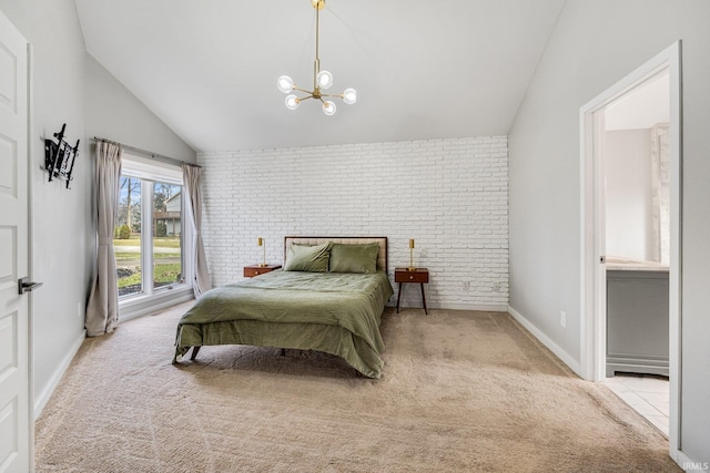 carpeted bedroom featuring lofted ceiling, an inviting chandelier, and brick wall