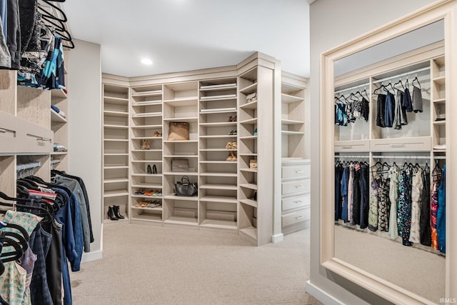 spacious closet featuring light colored carpet