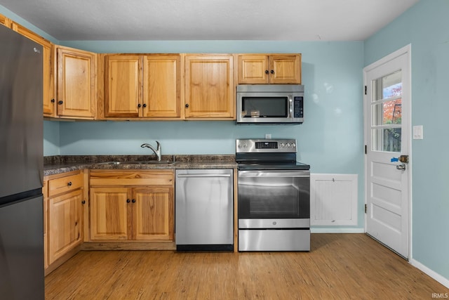 kitchen featuring sink, light hardwood / wood-style floors, and appliances with stainless steel finishes