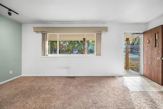 carpeted foyer featuring track lighting and a healthy amount of sunlight