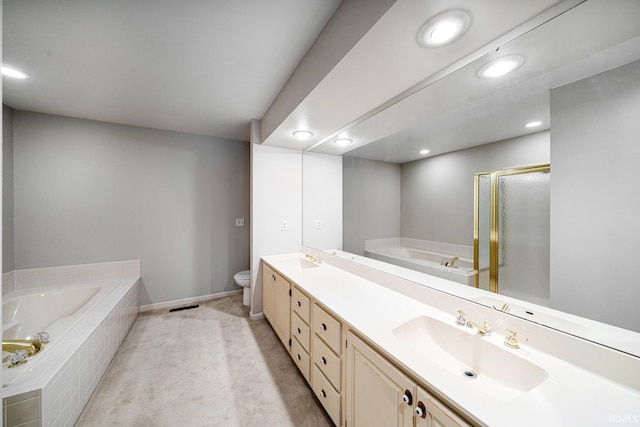 full bathroom with independent shower and bath, vanity, and toilet