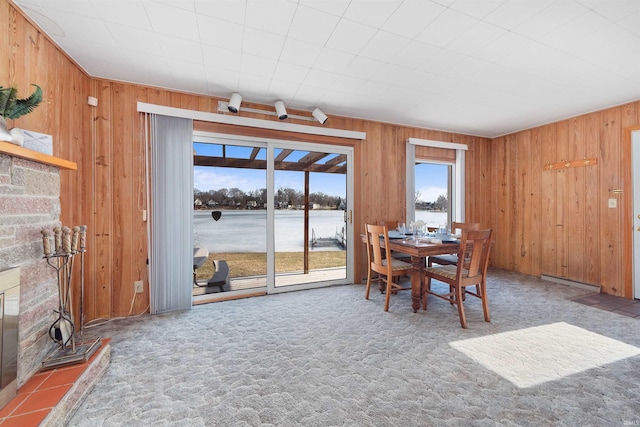 dining space with light colored carpet and wooden walls