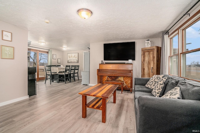 living room with a textured ceiling and light wood-type flooring