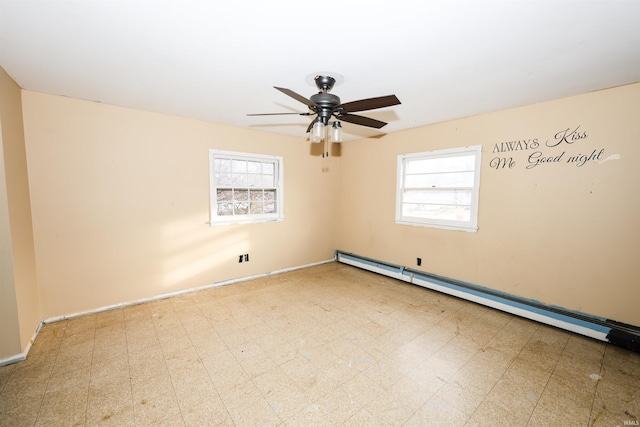 unfurnished room with ceiling fan and a baseboard radiator