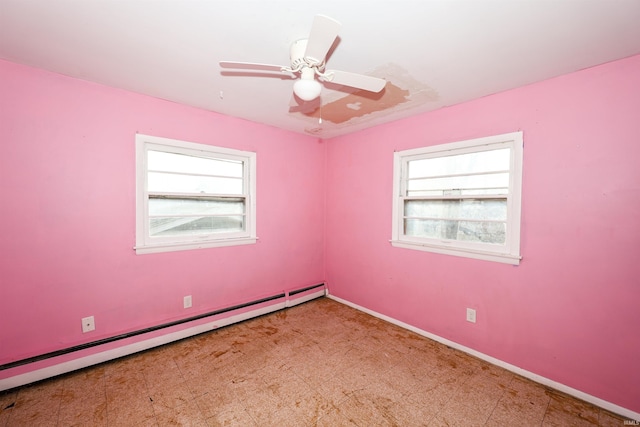 empty room featuring a baseboard heating unit, plenty of natural light, and ceiling fan