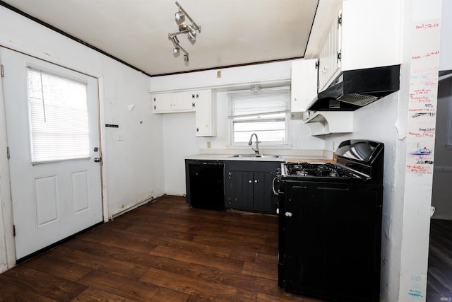 kitchen with dark hardwood / wood-style floors, white cabinetry, rail lighting, sink, and black appliances