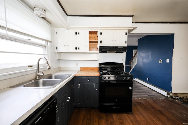 kitchen with white cabinets, dark hardwood / wood-style flooring, sink, and black appliances