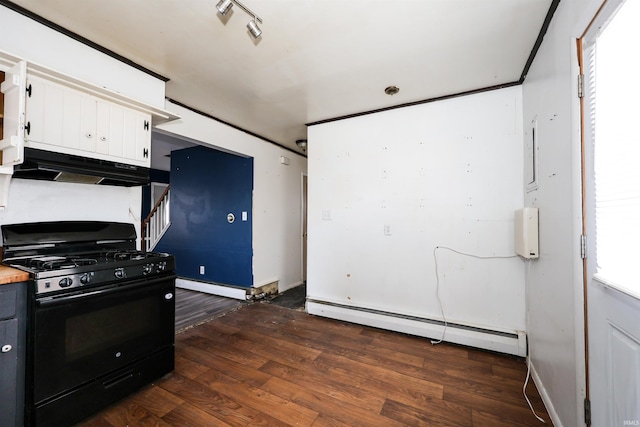 kitchen featuring rail lighting, white cabinets, dark hardwood / wood-style flooring, baseboard heating, and black range with gas cooktop