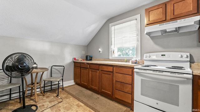 kitchen with lofted ceiling, white electric range oven, and a baseboard heating unit