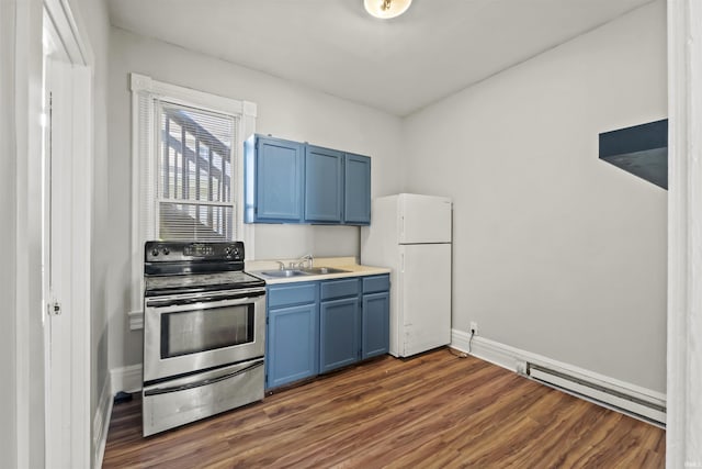 kitchen featuring blue cabinetry, sink, white refrigerator, a baseboard radiator, and electric stove