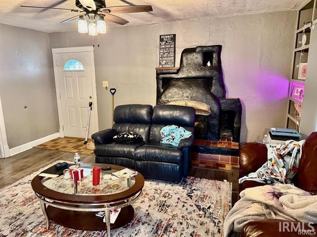 living room featuring ceiling fan and wood-type flooring