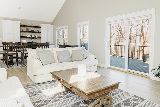 living room featuring high vaulted ceiling and light hardwood / wood-style floors